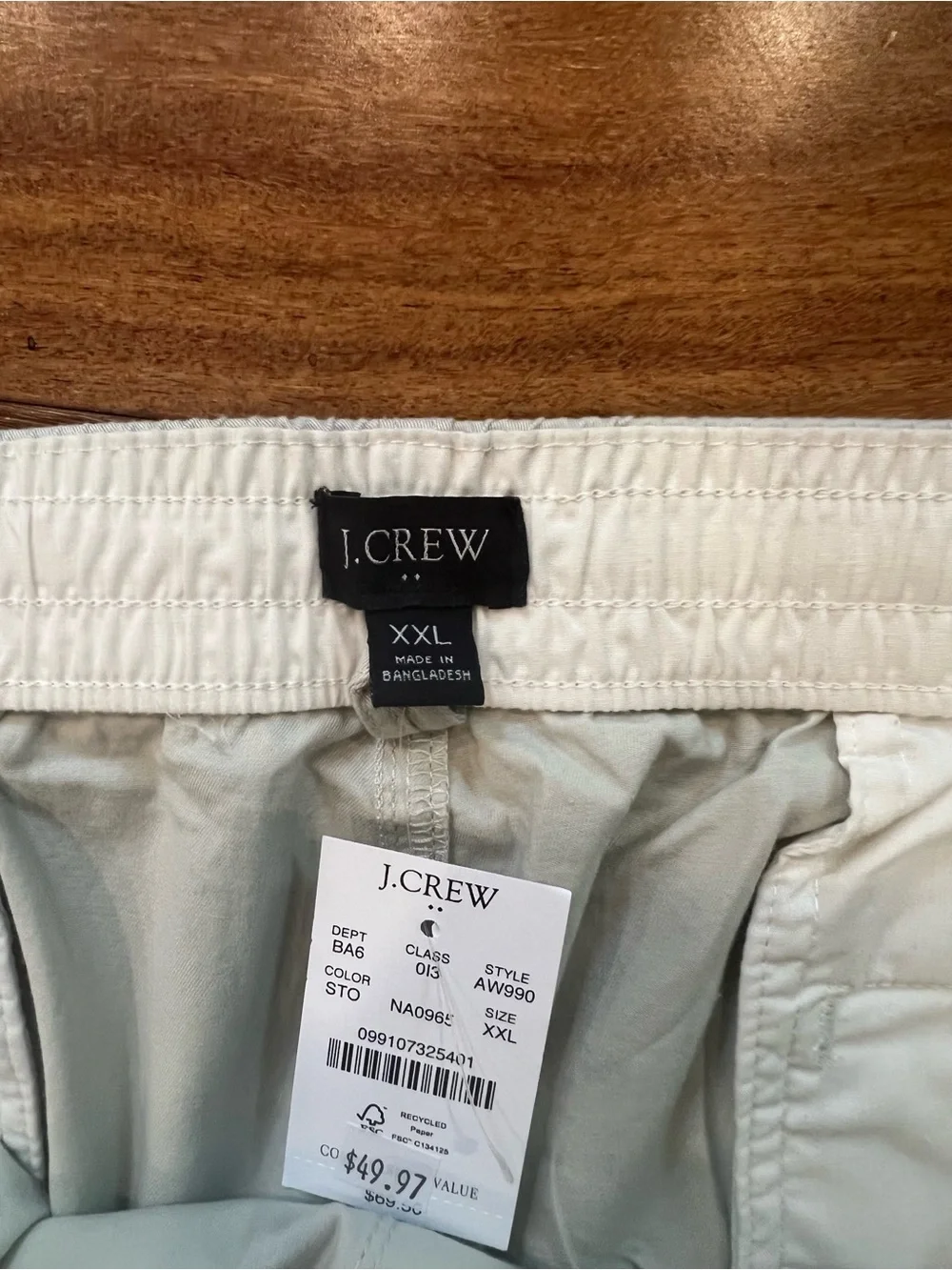 J. Crew NWT Mens Off-White Casual Dock Shorts, Elastic Waist, XXL